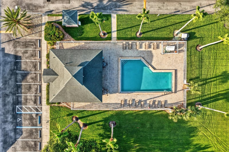 Aerial close view of the community pool and patio in St. Augustine, FL