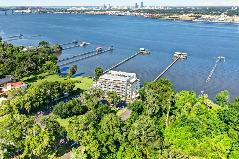 Aerial view over the river and docks at 2280 Shepard St, Jacksonville