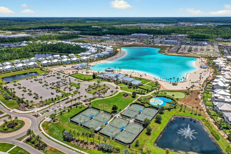 Aerial of the lagoon and amenity center in Beachwalk, St. Johns, FL