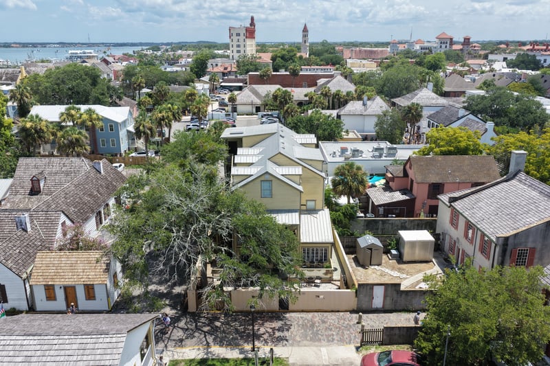 Aerial view of the town with the old fort in the distance in St. Augustine, FL