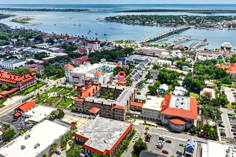 Wide aerial panorama of the bayfront and downtown in St. Augustine, FL
