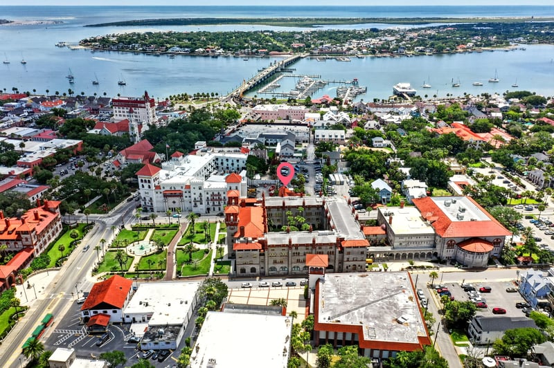 Aerial view of the bayfront and marina in St. Augustine, FL