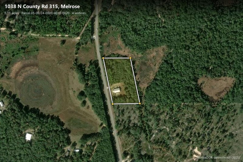 Aerial plat map outline of the property lot at 1038 County Rd 315, Melrose