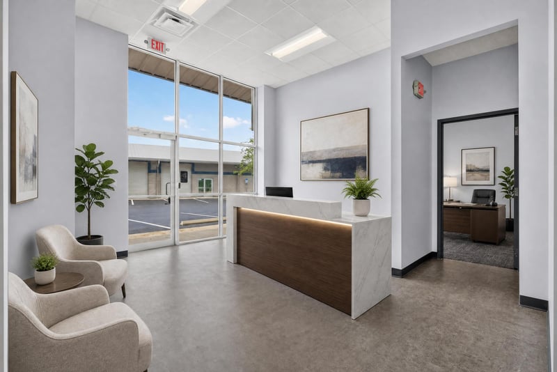 Reception area with floating desk, seating, and glass entry doors at 7240 Golden Wings Rd building 100, Jacksonville, FL 32244