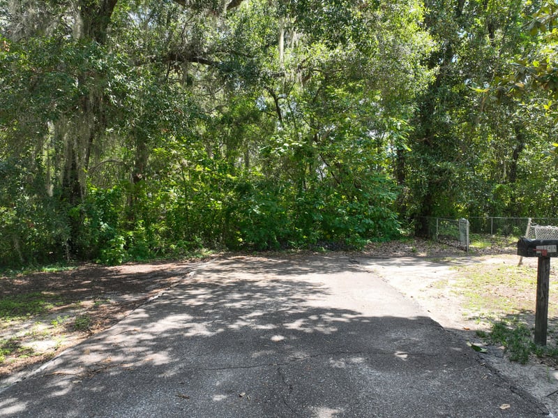 Ground-level view of dirt path through trees at 1818 Elm St, Jacksonville, FL 32208
