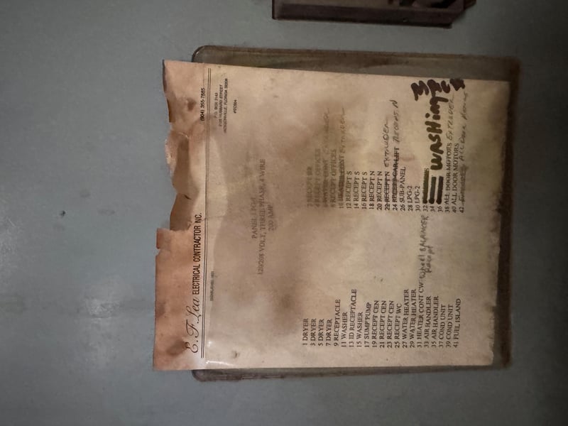 Panel cover with handwritten circuit label at 11700 New Kings Rd, Jacksonville, FL 32219