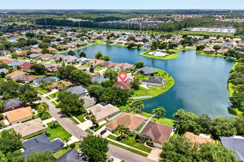 Aerial view of the home's location near the lake at 2480 Ridge Will Dr, Jacksonville, FL 32246