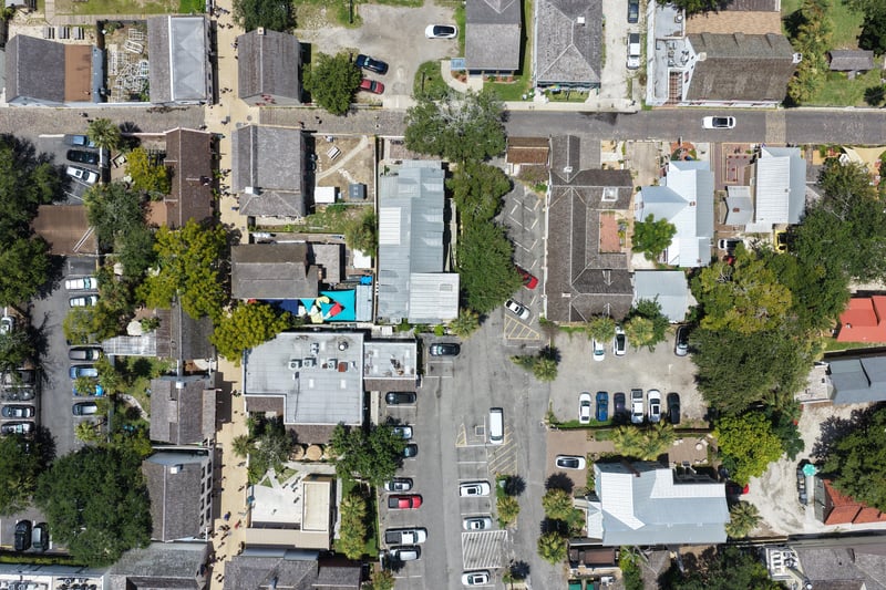 Aerial view of narrow streets and rooftops near the property at 29 Cuna St, St. Augustine, FL 32084