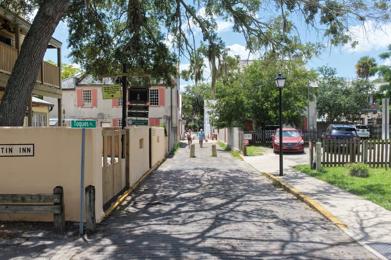 Building exterior and street sign along the sidewalk at 29 Cuna St, St. Augustine, FL 32084