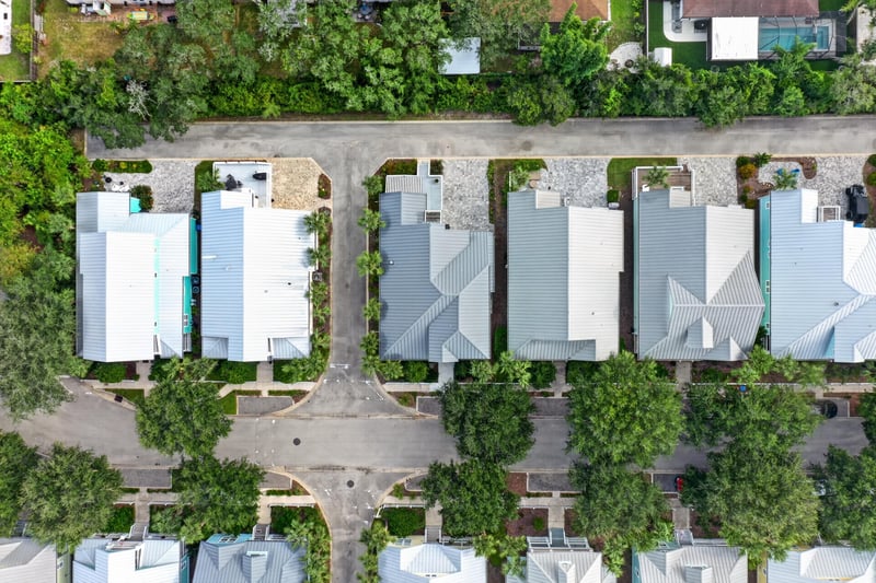 Aerial close-up of neighboring rooftops in St. Augustine, FL