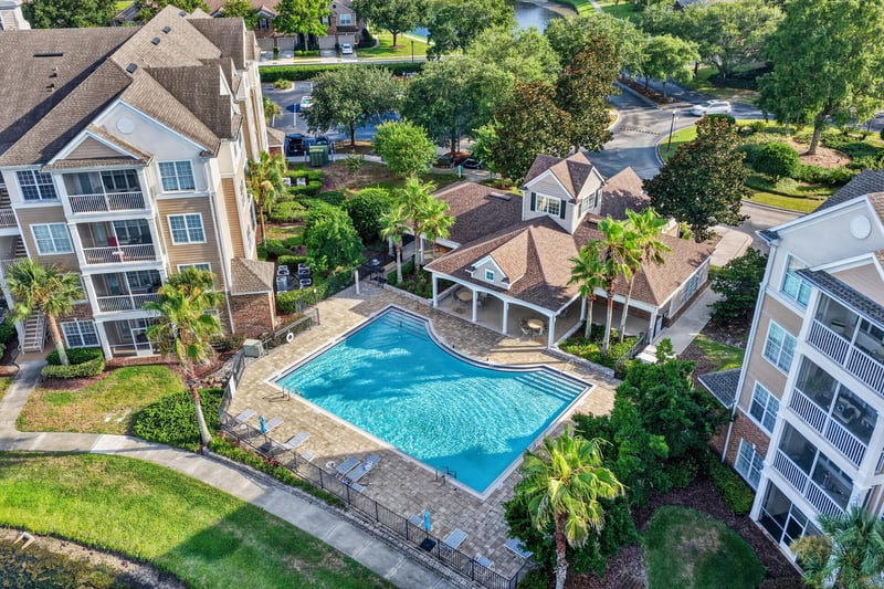 Aerial view of the pool and courtyard in Campfield