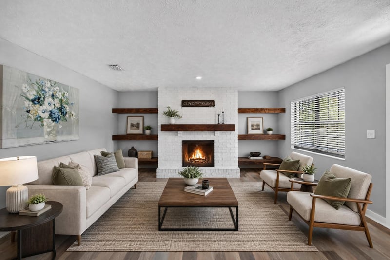 Staged living room with fireplace and built-in shelving at 6757 Deer Springs Rd, Keystone Heights, FL 32656