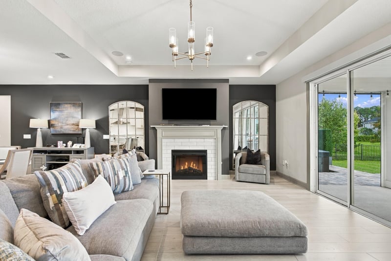 Living room with gas fireplace and mounted TV at 3921 Spyglass Hill Ln
