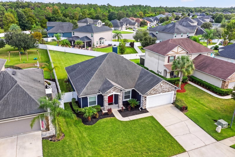 Aerial view of the home's roof and neighborhood at 538 Porta Rosa Circle, St. Augustine, FL 32092
