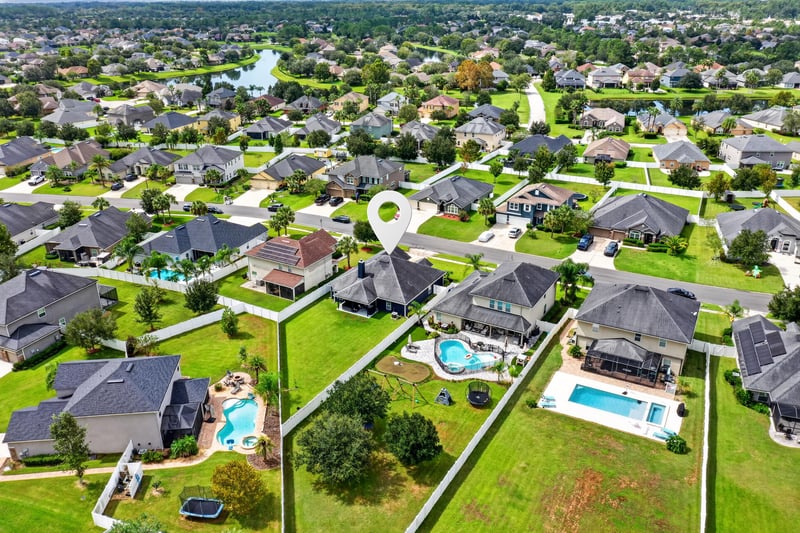 Aerial view marking the home's location in the neighborhood at 538 Porta Rosa Circle, St. Augustine, FL 32092