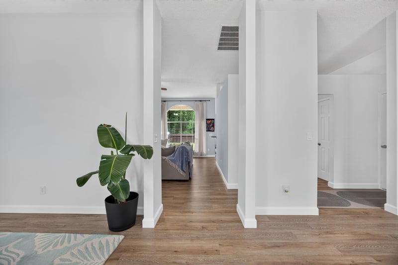 Entry hallway with wood floors and potted plant at 8921 Needlepoint Pl, Jacksonville, FL 32244
