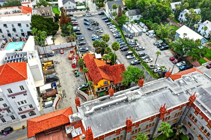 Aerial view of the street and surrounding parking in St. Augustine, FL