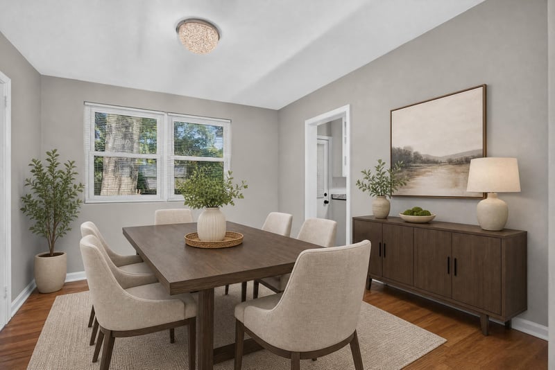 Dining area staged with table, chairs and sideboard at 6338 Mercer Cir W, Jacksonville, FL