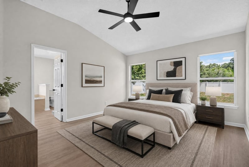 Primary bedroom, virtually staged with bed at 224 Pine Arbor Cir, St. Augustine, FL 32084