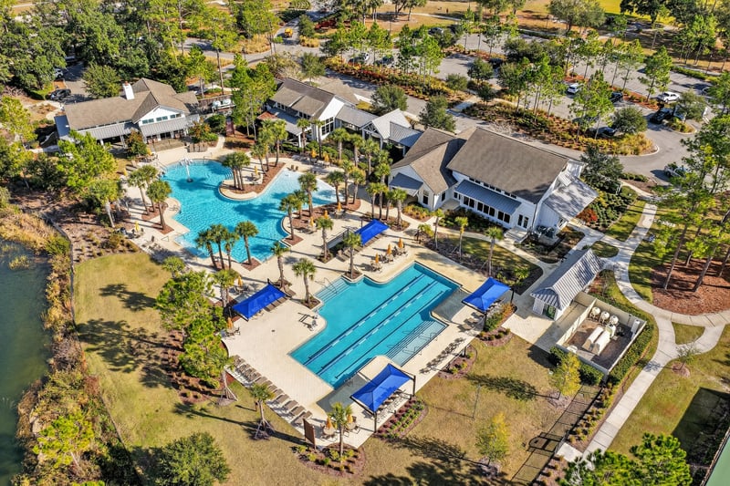 Aerial view of the community pool complex in Whisper Creek