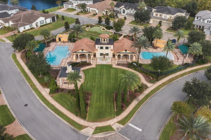 Aerial view of community pool and clubhouse, photographed by Megapixeler on Lucena Ln, Jacksonville, FL