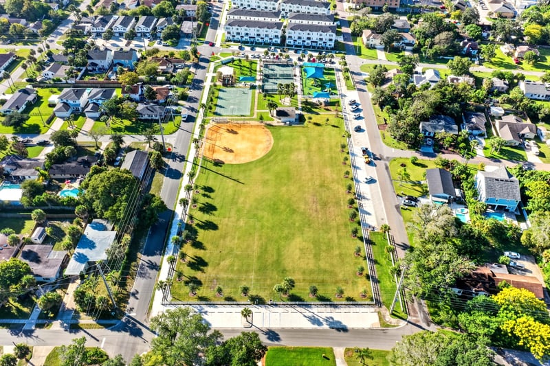 Aerial view of the park's ball field and pool in Jacksonville Beach, FL