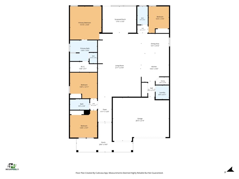 Floor plan showing four bedrooms and open living areas at 27 Holly Rdg Wy, St. Augustine, FL