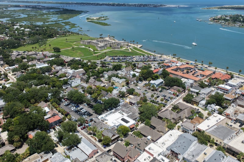 Aerial view of the fort grounds and surrounding waterway in St. Augustine, FL
