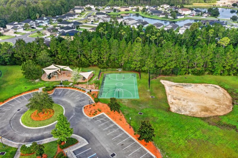 Drone view of playground and amenity parking in River Glen