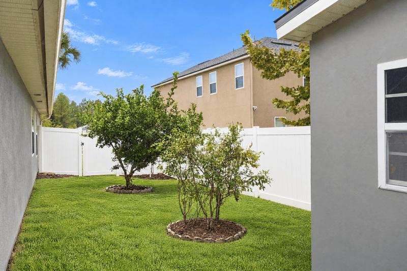 Side yard with fence and young tree at 10923 Black Diamond Ct, Jacksonville, FL