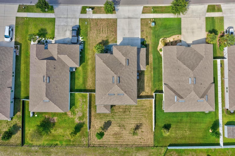Aerial view of rooftops in neighborhood in Green Cove Springs, FL