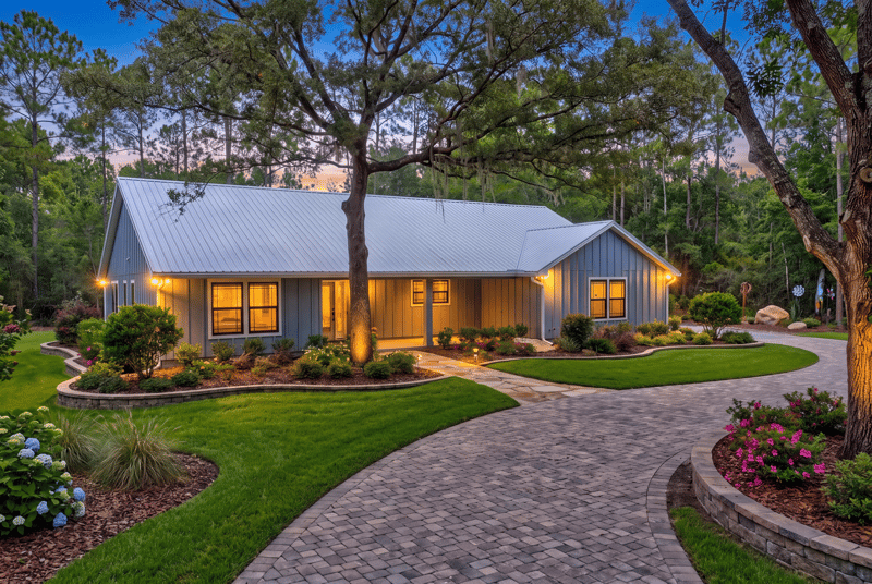 Front exterior at day-to-dusk with porch lights on and paver driveway at 4800 Acacia St, Middleburg, FL 32068