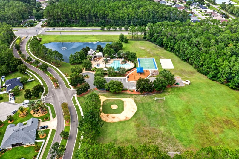 Aerial view of ponds and a baseball diamond in Stonehurst Plantation