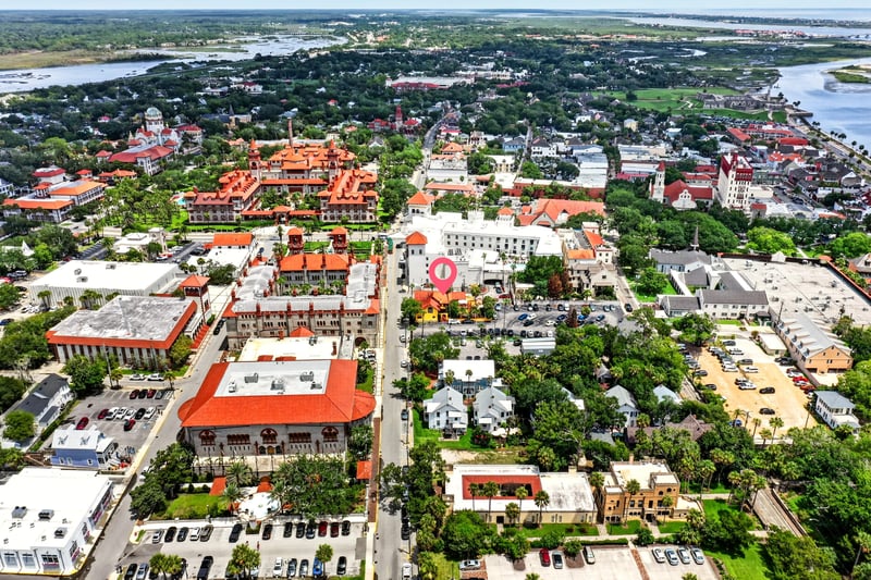 Aerial view of the surrounding downtown blocks in St. Augustine, FL