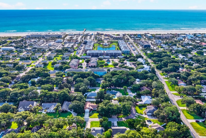 Aerial view of the neighborhood street grid and coastline in St. Augustine, FL