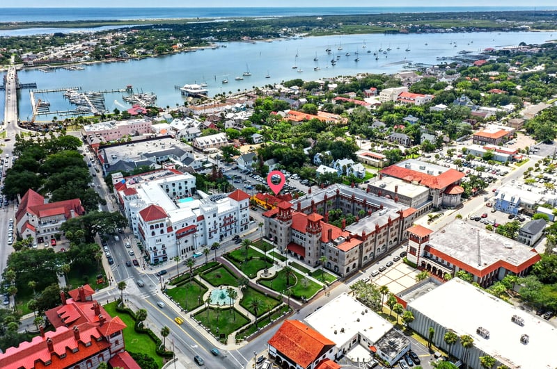 Aerial view of the marina and waterfront in St. Augustine, FL