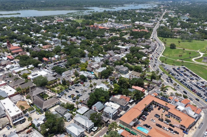 Aerial view of the green space and downtown streets in St. Augustine, FL
