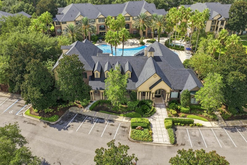 Aerial view of the clubhouse and pool in Reserve at Point Meadows