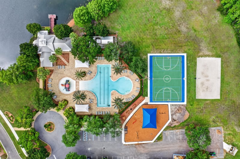 Aerial view of the community pool and sport court in Stonehurst Plantation