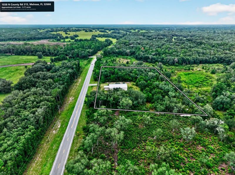 Drone aerial of the straight county road and surrounding tree line at 1038 County Rd 315, Melrose