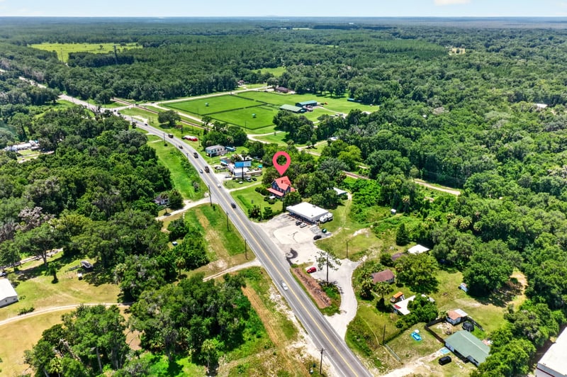 Aerial view of the rural road and tree canopy in Satsuma, FL
