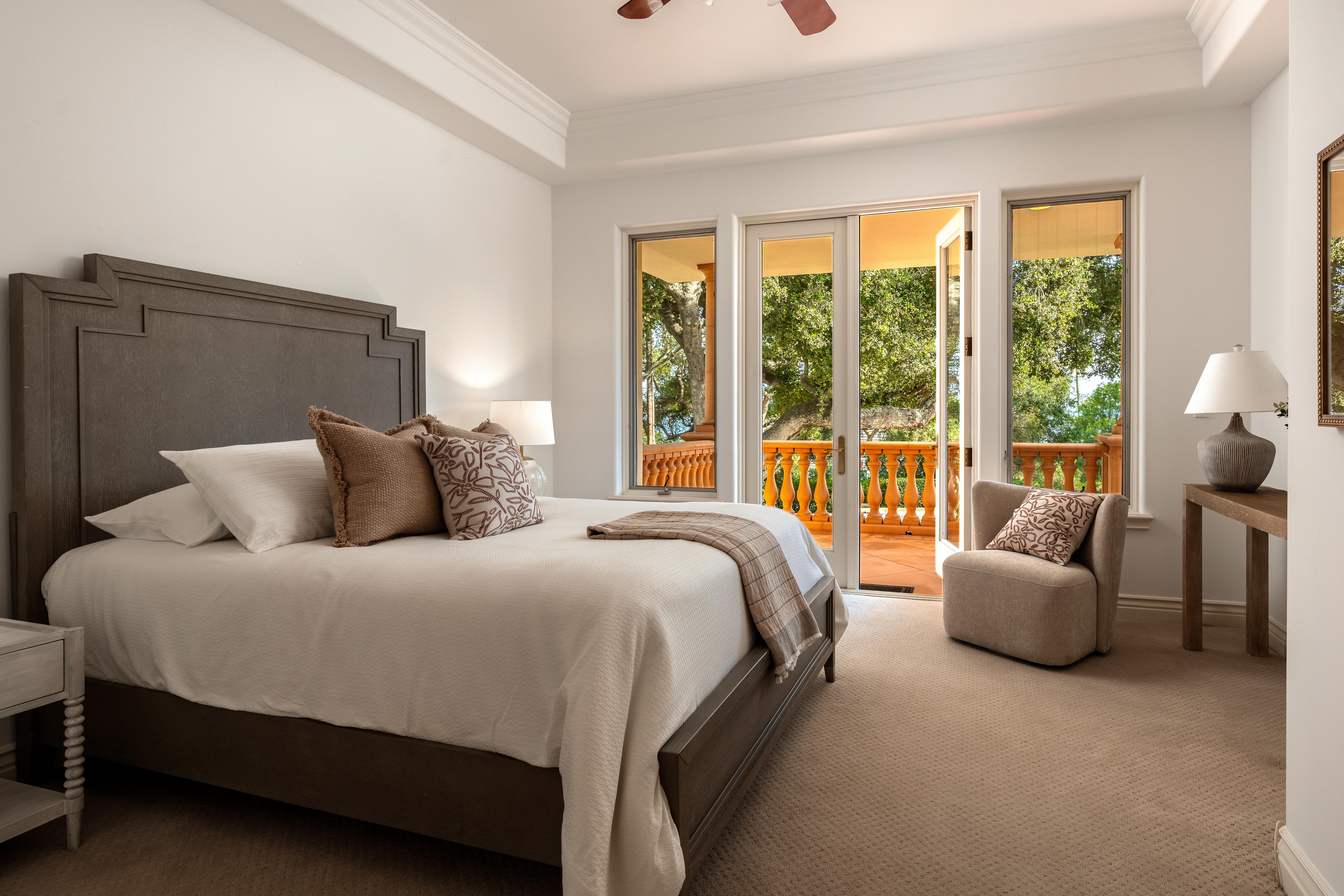 Interior living room photography at luxury Montecito-area estate, 450 El Cielito Rd, Santa Barbara — virtual real estate photography highlighting volume, natural light, and refined finishes with Channel Islands visible beyond. Our team captured still photography, aerial drone photography, twilight photography, a Matterport virtual tour, a 2D floor plan, and a custom property website from afternoon through twilight.