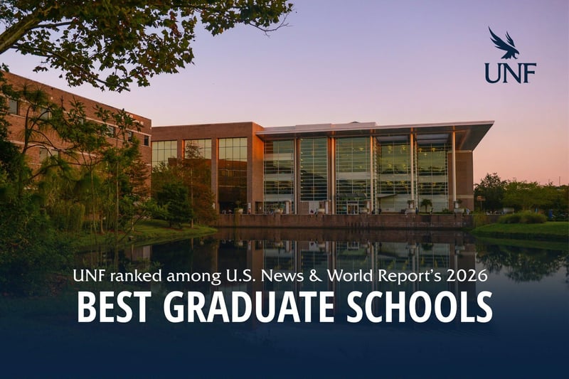 University of North Florida building with graduate school ranking graphic in Jacksonville