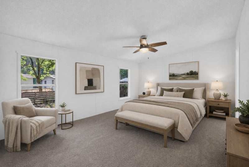 Virtually staged primary bedroom with bed and seating at 55520 Jewel-Thomas Rd, Callahan, FL 32011