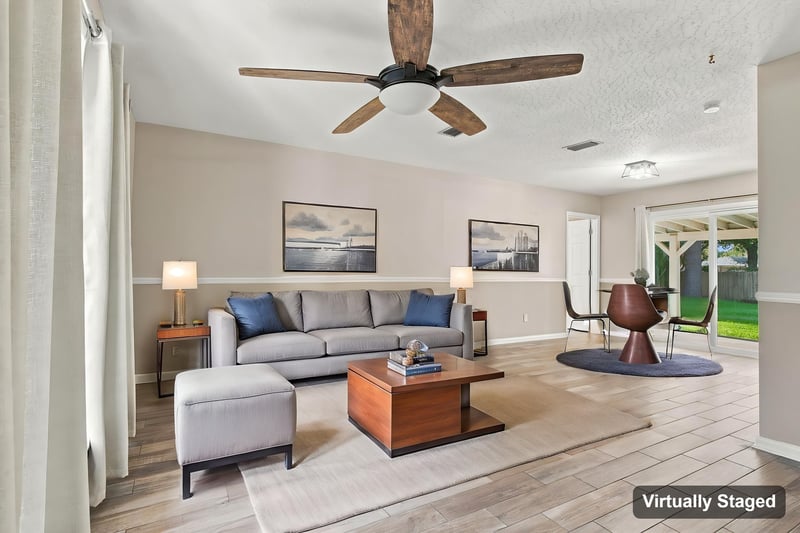 Virtually staged living room interior view, photographed by Megapixeler on Crosby Ln, Orange Park
