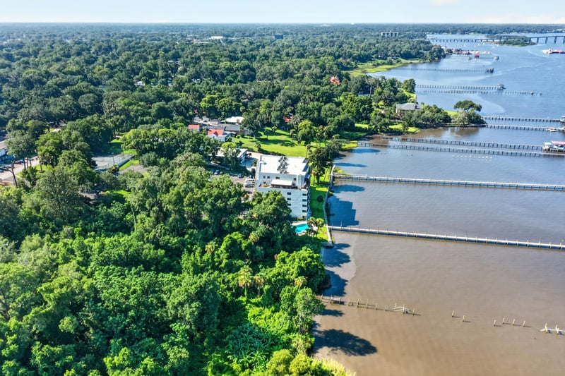 Aerial view of docks and waterway in Jacksonville