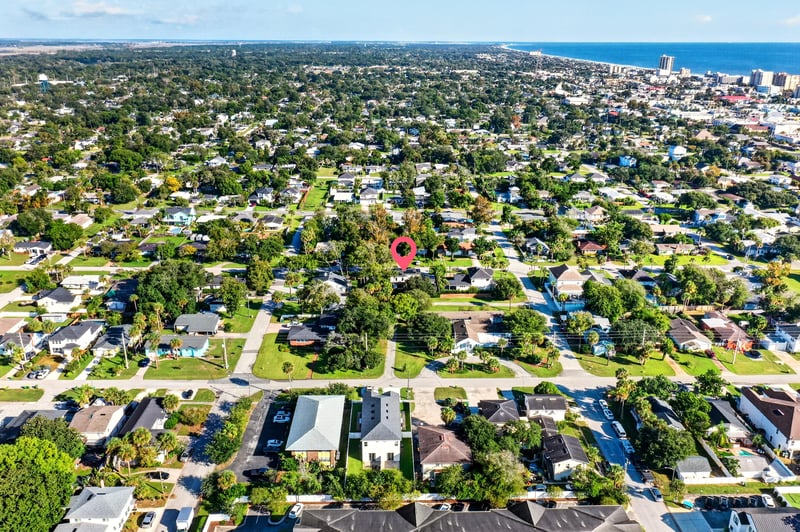 Aerial panoramic view of the neighborhood grid in Jacksonville Beach, FL