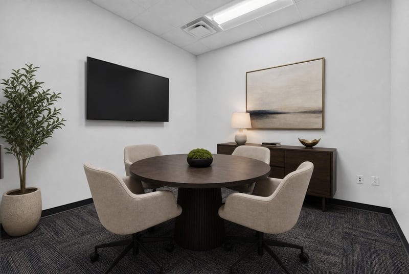 Staged meeting room with round table and wall-mounted TV at 7240 Golden Wings Rd building 100, Jacksonville, FL 32244