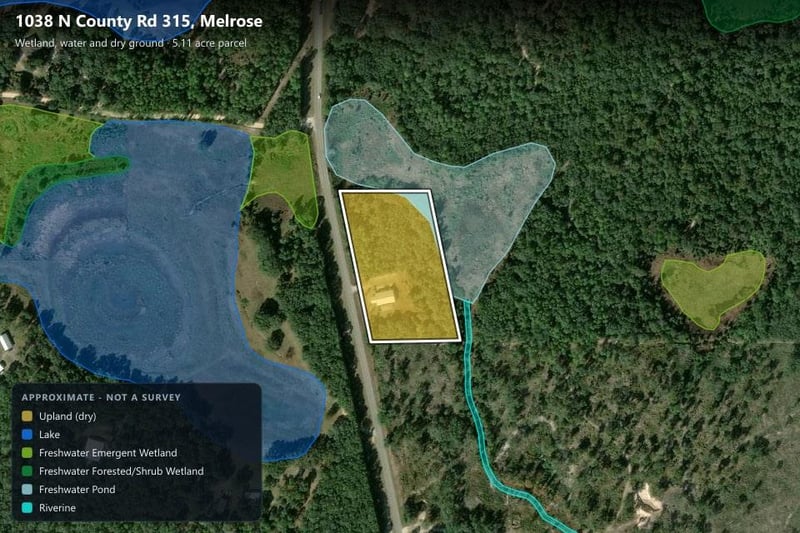 Aerial wetlands map overlay of the property at 1038 County Rd 315, Melrose