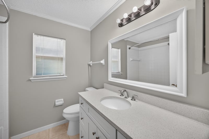 Bathroom vanity with mirror and window at 9256 Dale View Ln W, Jacksonville, FL 32225
